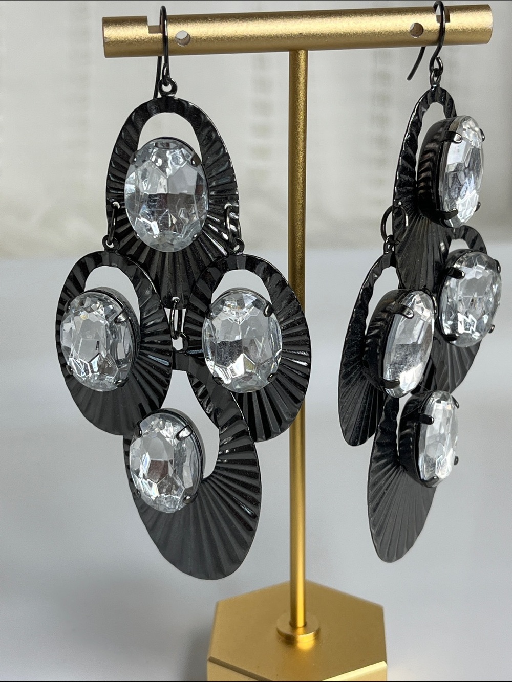 Gunmetal Gray Drop Earrings with Clear Crystal Accents